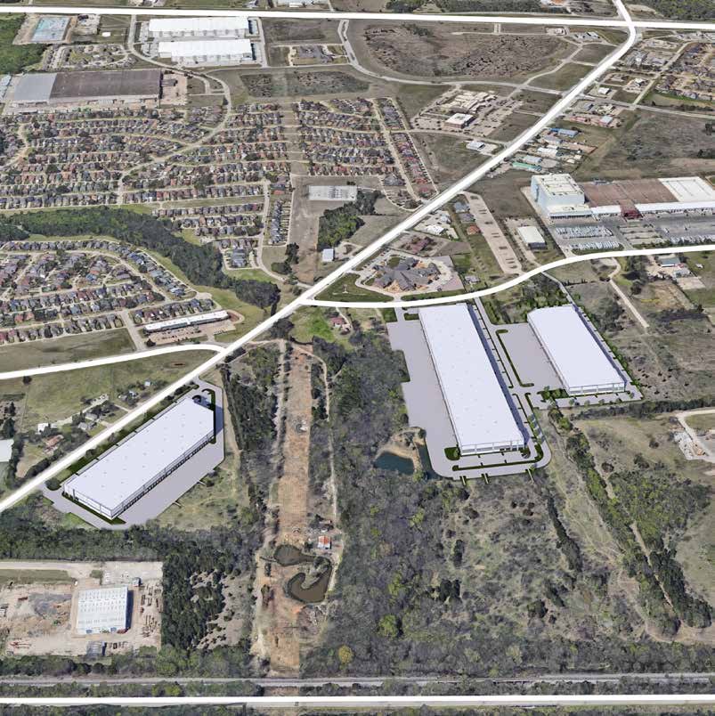 Long Creek Logistics — conceptual aerial rendering of the three planned buildings